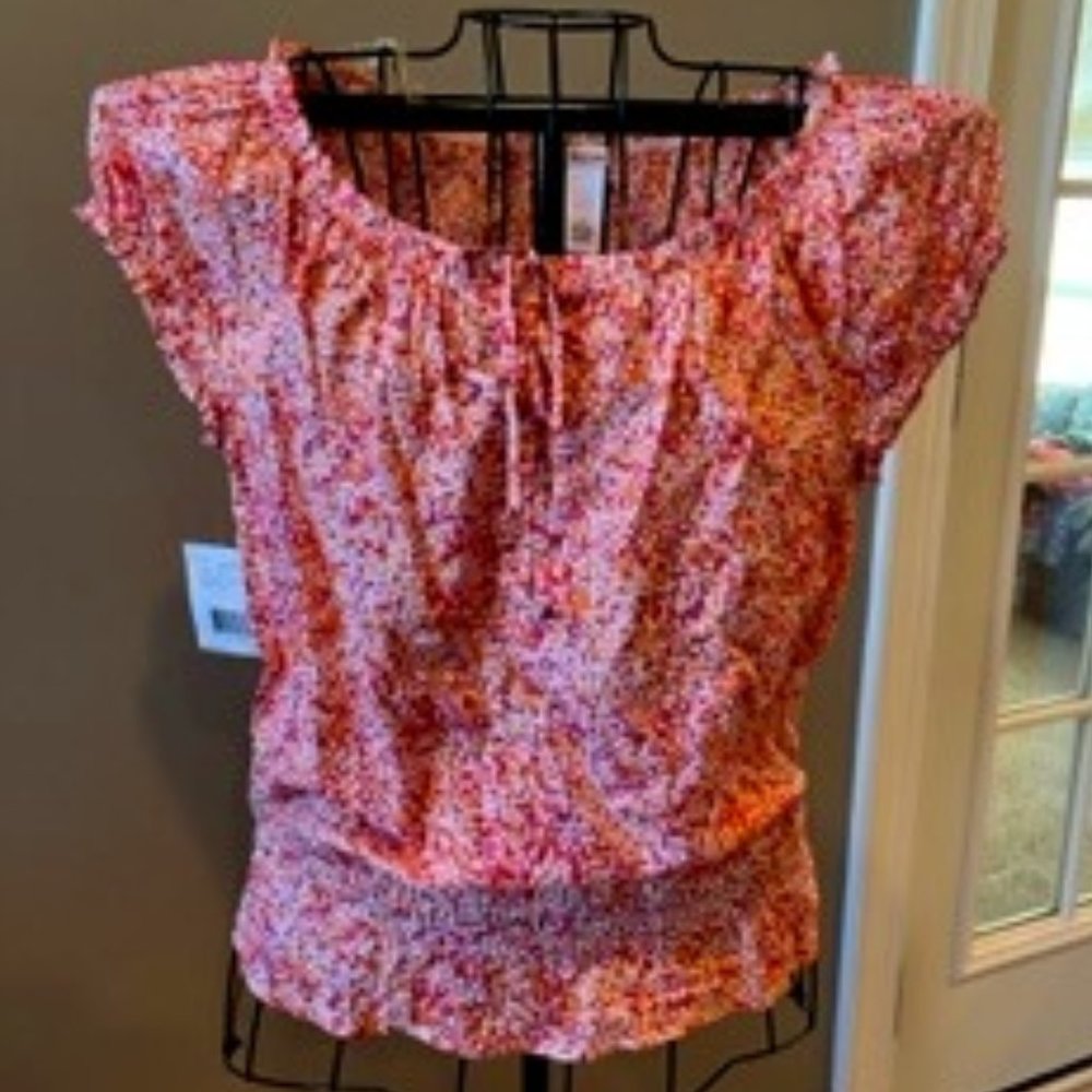 (NWT) LIZ & CO CINCH WAIST, CAP-SLEEVE RUFFLE SHIRT SZ. M